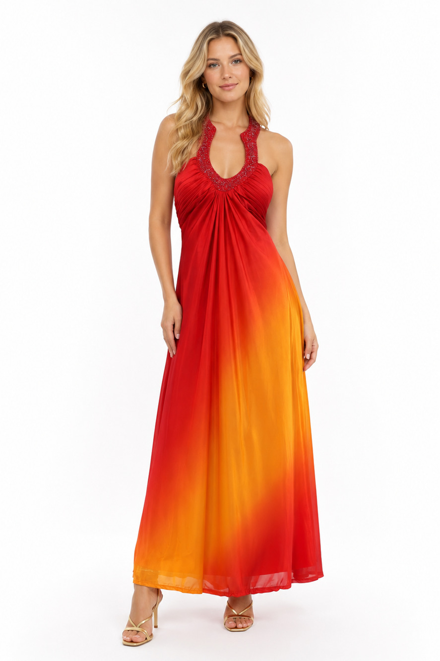 Xscape By Joanna Chen Sz 10 Ombre Halter Open Back Beaded Maxi Dress Formal Gown